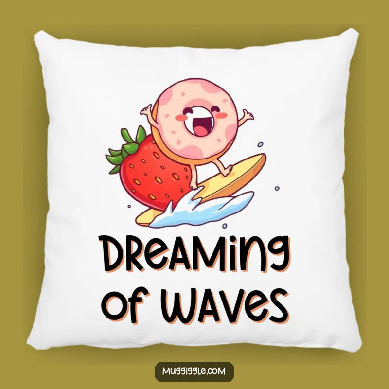 Funny Donut Surf Pillow: Cozy Humor with a Strawberry Wave Riding Character