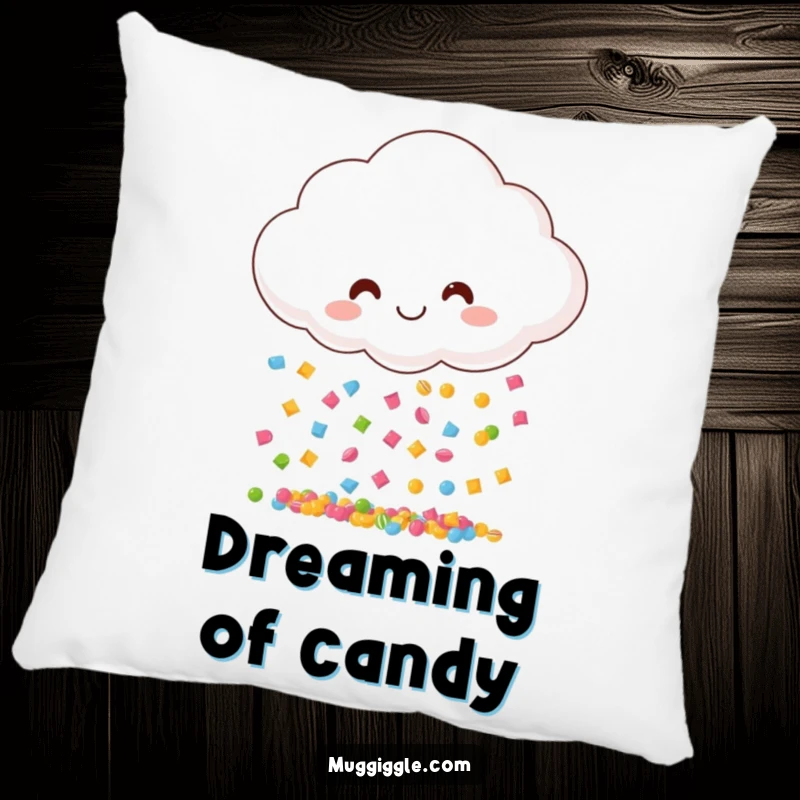 Funny pillow featuring a smiling cloud raining colorful candies, providing soft comfort and a cheerful, whimsical atmosphere.