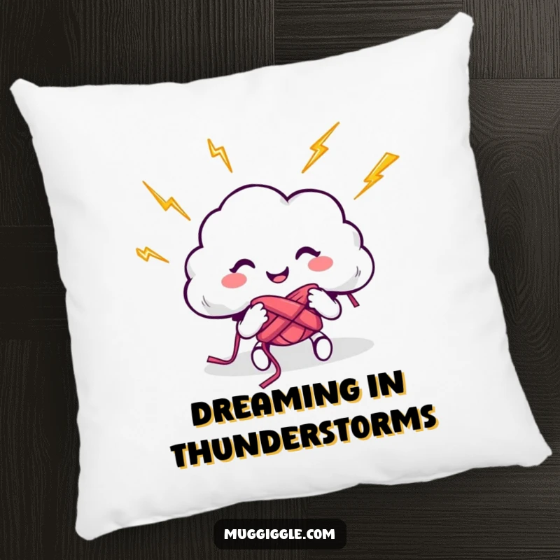 Funny pillow with a happy cloud character knitting using energetic lightning bolts, offering a soft, humorous, and comforting decorative accent.