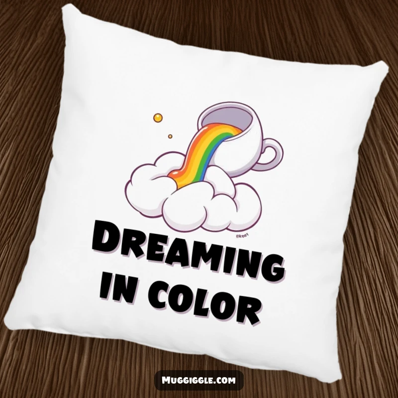 Funny Pillow: A small teacup spills a cascade of rainbow tea onto a thoroughly surprised fluffy cloud, offering cozy humor.