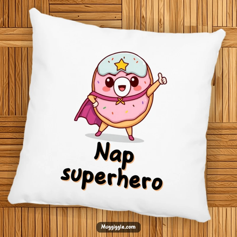 Funny donut hero pillow, wearing a cape, striking a heroic, comforting pose for ultimate relaxation.