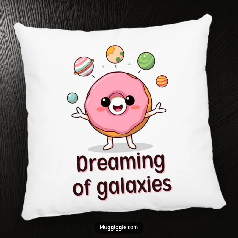 Funny donut character juggling planets on a soft pillow, adding a touch of humor and comfort.