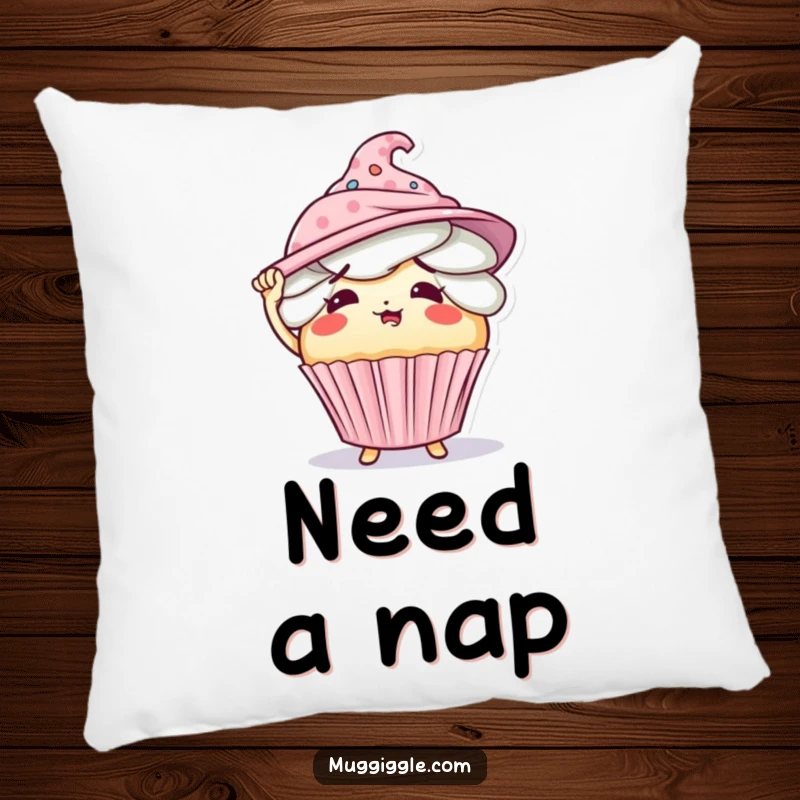 Funny pillow featuring a cute and flustered cupcake character humorously attempting to wear multiple hats.