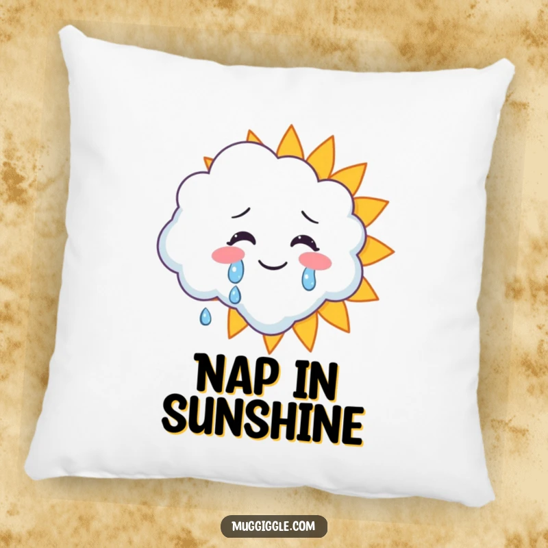 Funny pillow featuring a cloud character crying happy tears onto a smiling sun, providing soft comfort and cheerful vibes.