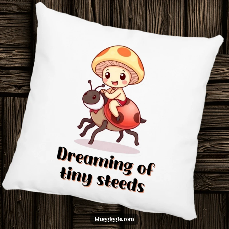 Funny Mushroom Ladybug Pillow: A delighted mushroom character joyfully riding a ladybug like a steed, a soft and whimsical cushion.