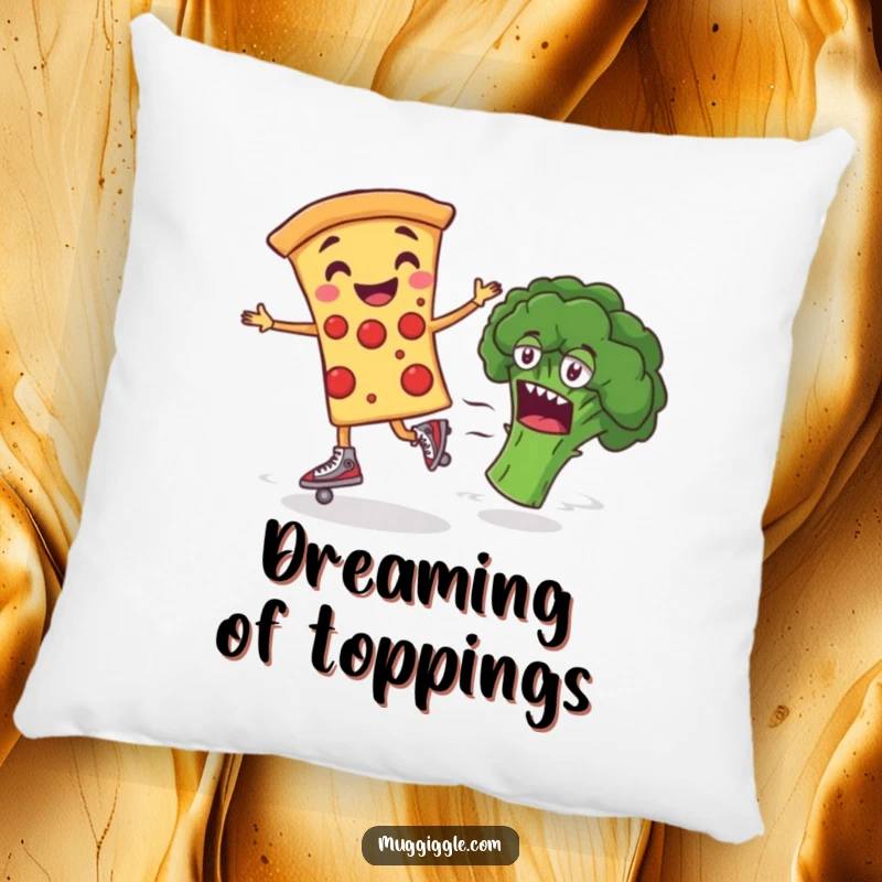 Funny Pillow featuring a smiling pizza slice on roller skates, zooming past bewildered broccoli, offering cozy comfort and food humor.