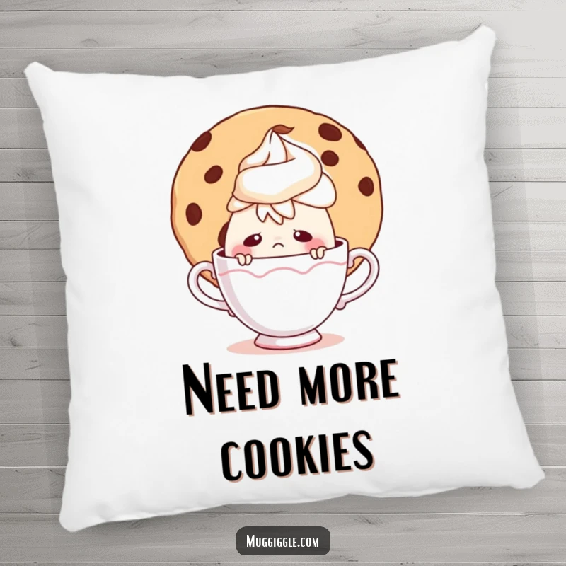 Funny pillow featuring a shy teacup character peeking from behind a giant cookie, offering soft comfort and amusement.