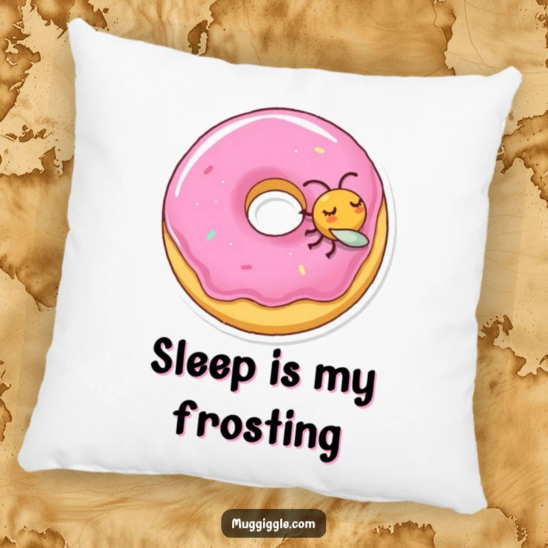 Funny pillow with a sleeping donut character gently nudged by a playful fly, perfect for cozying up.