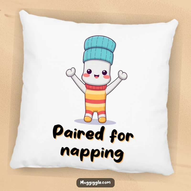 Funny Pillow: A triumphant anthropomorphic sock wears its matching sock as a stylish hat, offering cozy comfort.