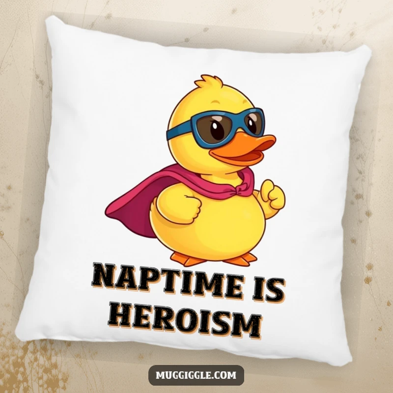 Funny pillow with a cute rubber ducky character wearing a superhero cape, striking a heroic pose, perfect for relaxing.