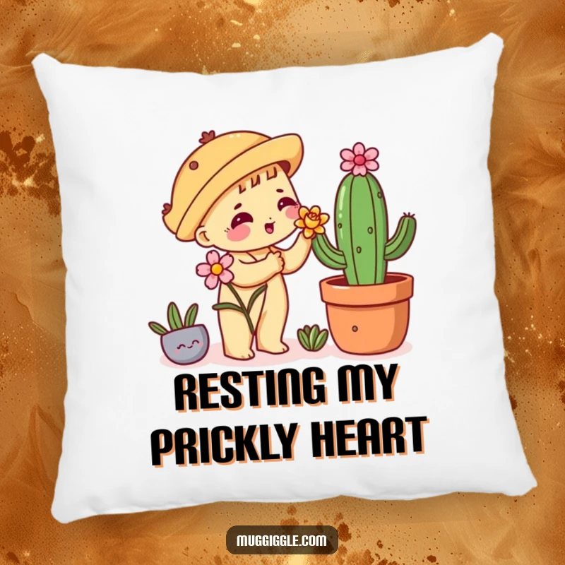 Funny pillow with a shy taco character nervously offering a flower to a cactus, perfect for cozy, awkward comfort.