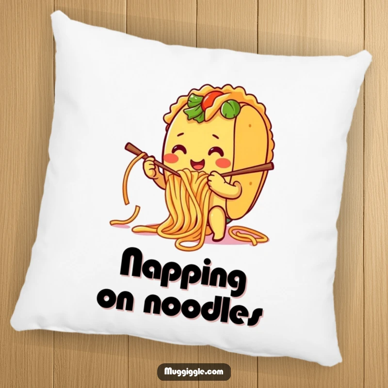 Funny Pillow: A smiling taco character humorously knitting with spaghetti noodles, providing soft comfort and culinary comedy.