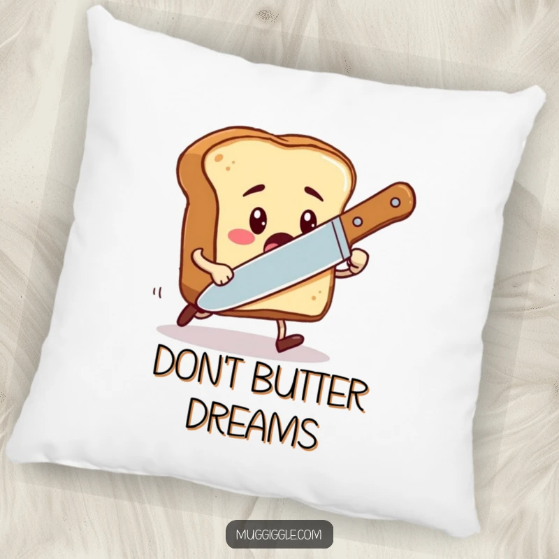 Funny pillow depicting a toast character fleeing from an oversized butter knife, offering comfort with a humorous twist.