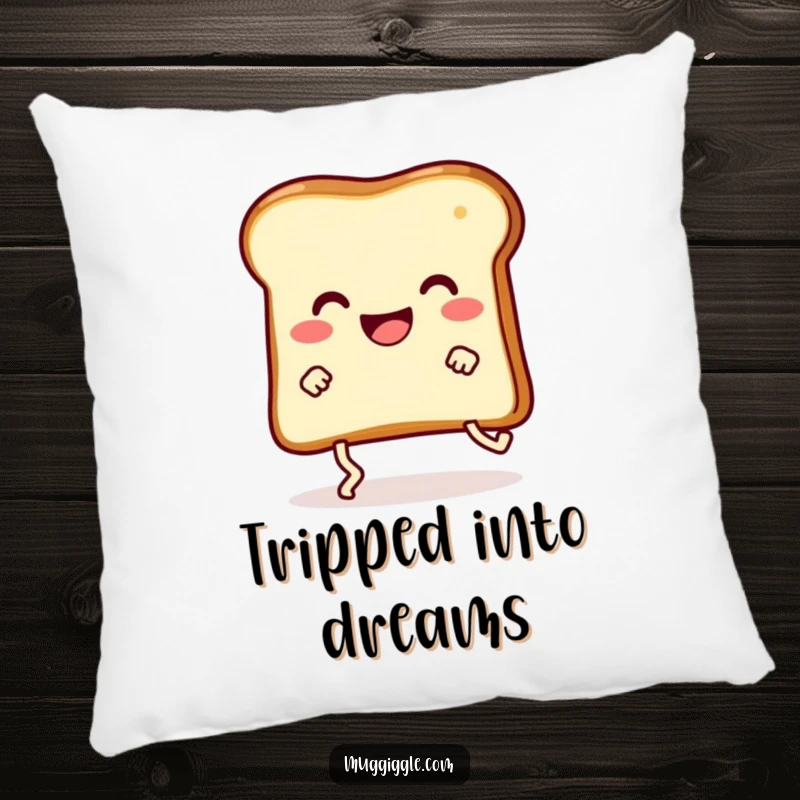 Funny happy slice of toast with legs comically tripping, printed on a soft and decorative pillow.