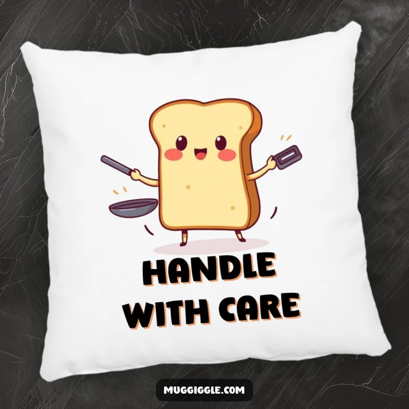 Funny pillow with a brave piece of toast juggling three frying pans, offering comfort and a dose of breakfast absurdity.