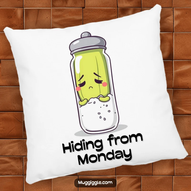 Funny anxious pickle character hiding behind a salt shaker, depicted on a soft, comforting pillow.
