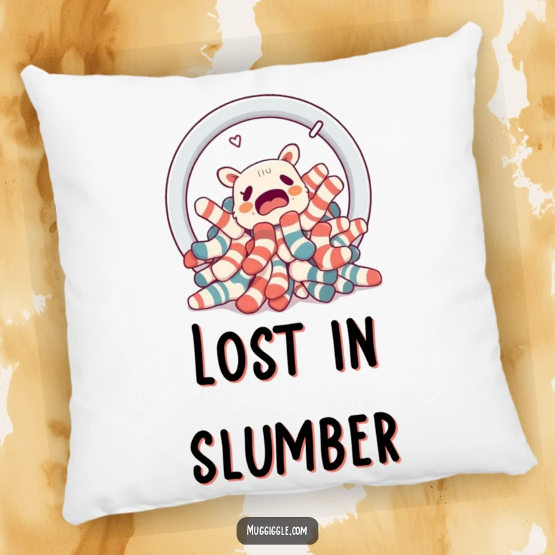 Funny pile of confused socks attempting to escape a laundry basket portal, printed on a soft pillow.