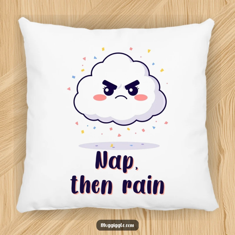 Funny grumpy cloud pillow, raining confetti with a glum face, soft and amusing decor for a cheerful and humorous atmosphere.
