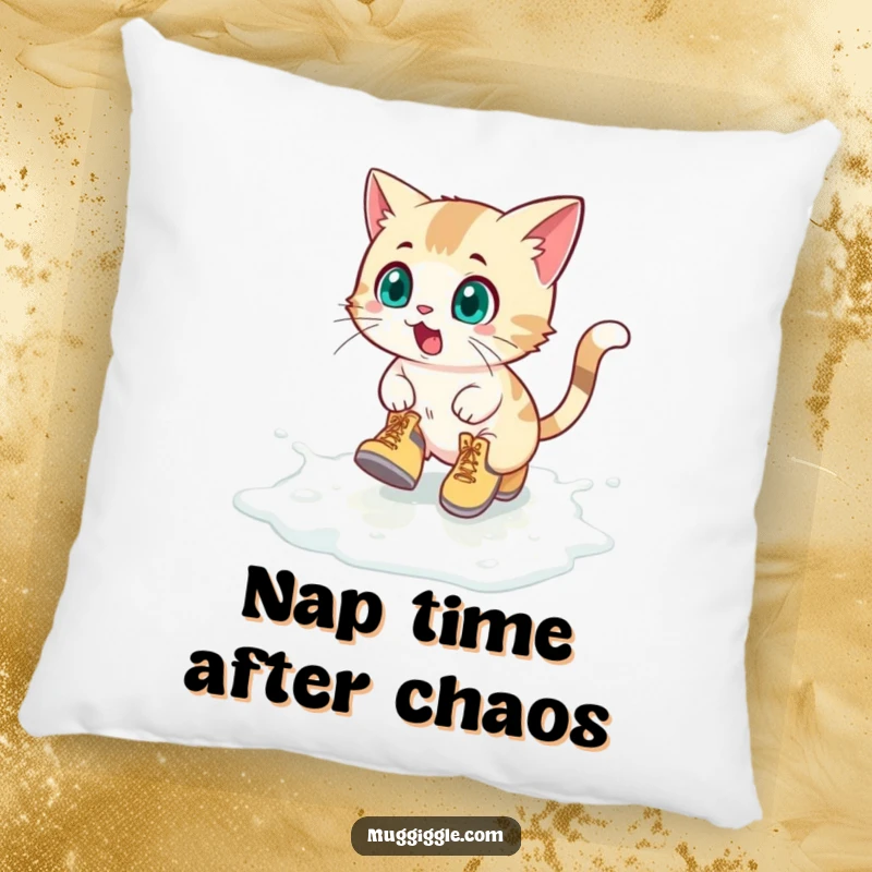 Funny Pillow: Surprised cat in tiny boots sliding on spilled milk, a soft and humorous decor item.