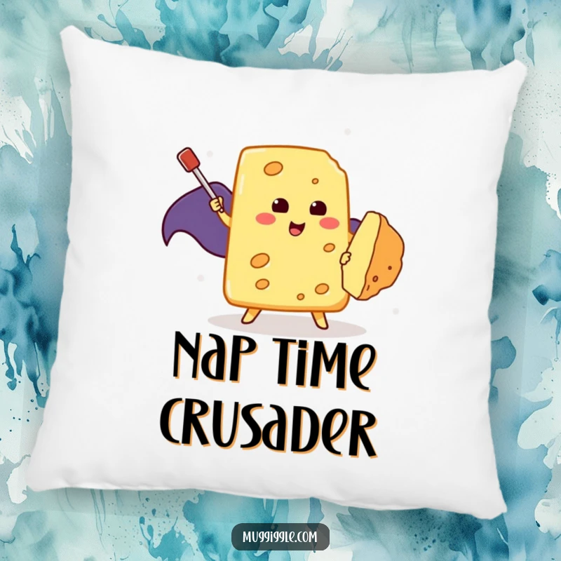 Funny Pillow: A brave cheese slice with a flowing cape heroically battles a tiny crumb using a toothpick for defense.