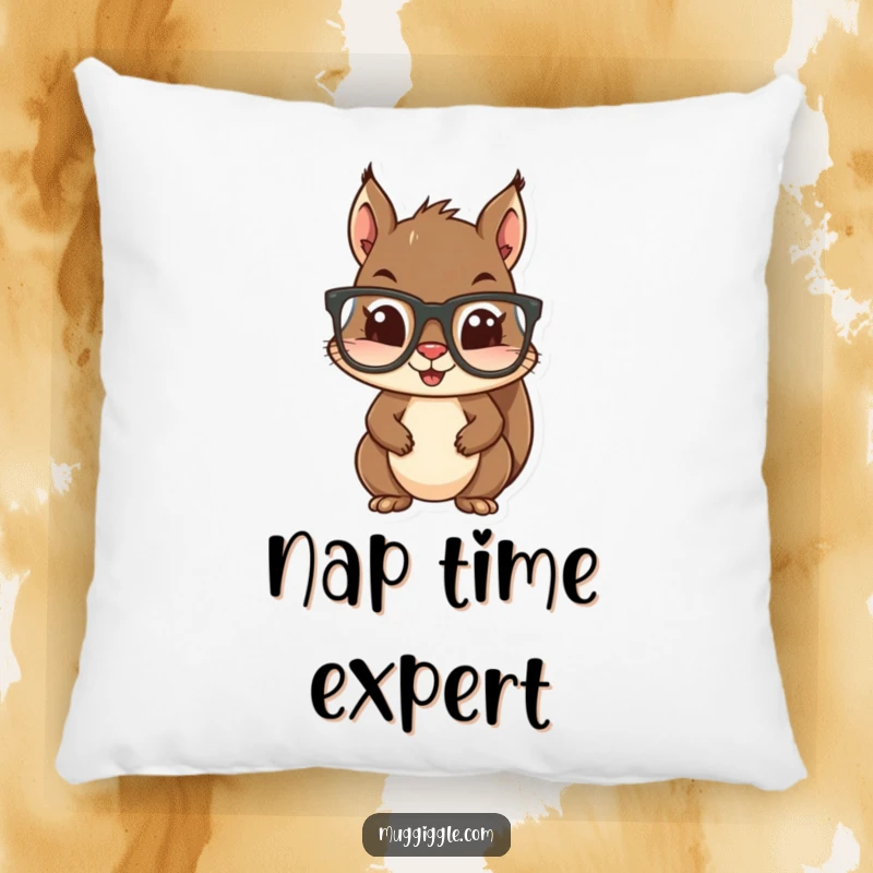 Funny pillow featuring a squirrel hilariously trying to wear oversized spectacles, adding comfort and whimsical humor.