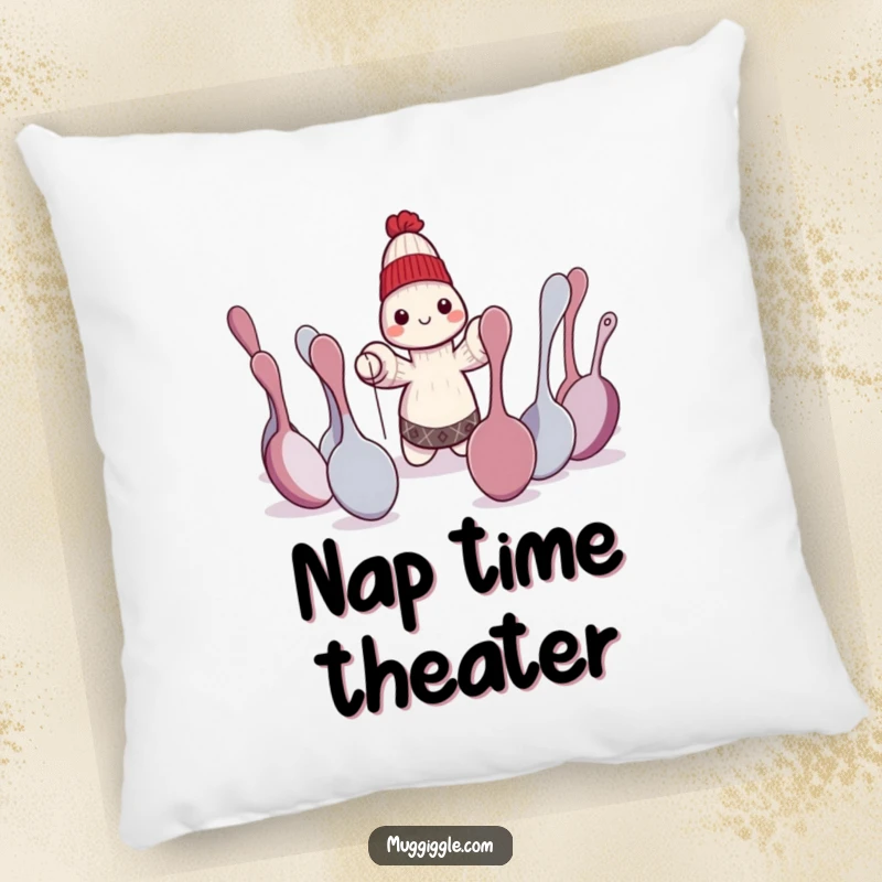 Funny sock puppet character performing a dramatic play for bewildered spoons, a soft and humorous pillow.