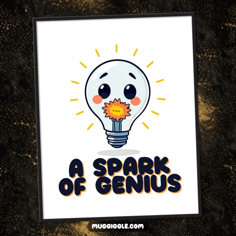 Funny Digital Art Print: A surprised lightbulb character emitting a tiny, colorful explosion, symbolizing a burst of creative energy.