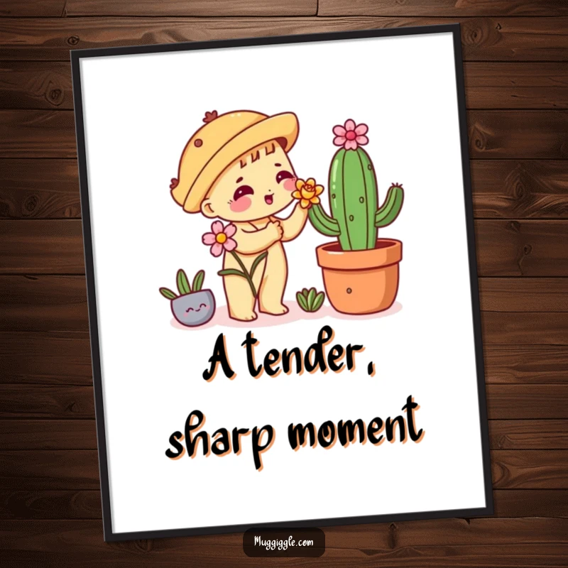 Funny digital art print of a shy taco character nervously offering a flower to a cactus, ideal for quirky decor.