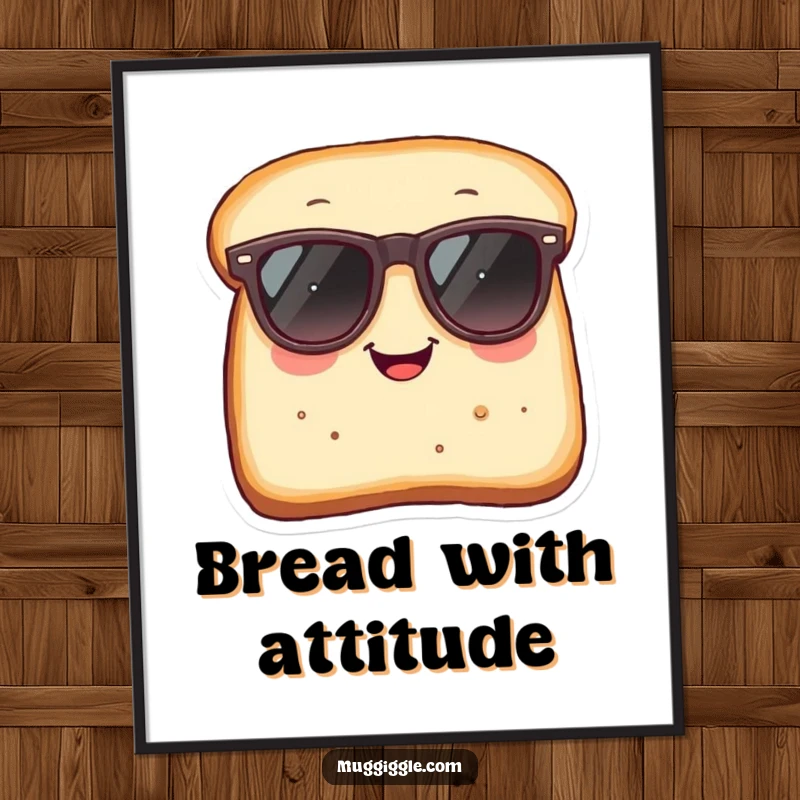 Funny Digital Art Print: Smiling bread slice with oversized sunglasses, whimsical and humorous wall art.