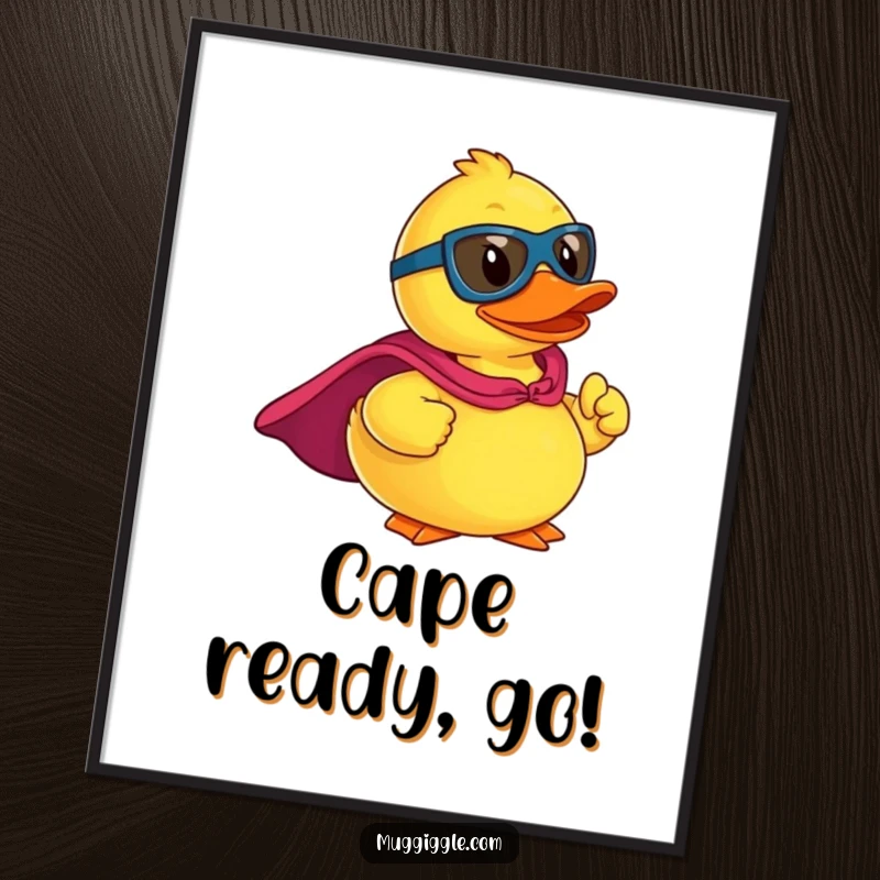 Funny digital art print of a rubber ducky superhero with a cape striking a heroic pose, ready for display.