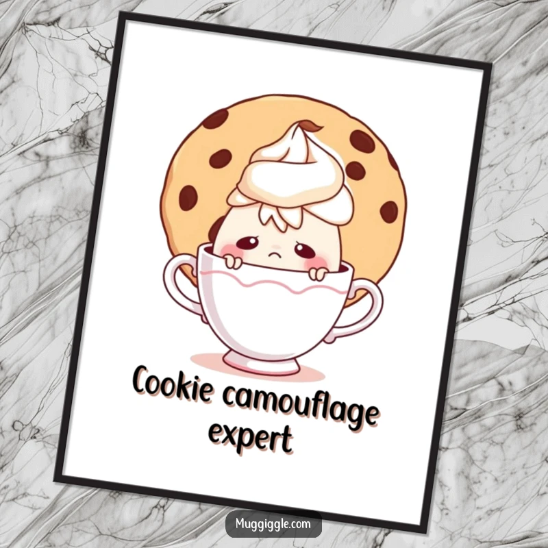Funny digital art print of a nervous teacup character peeking out from behind a large, tempting cookie.