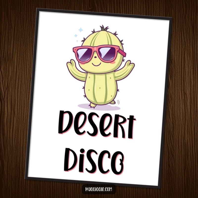 Funny digital art print of a cute cactus character wearing large sunglasses and dancing energetically, ideal for instant decor.
