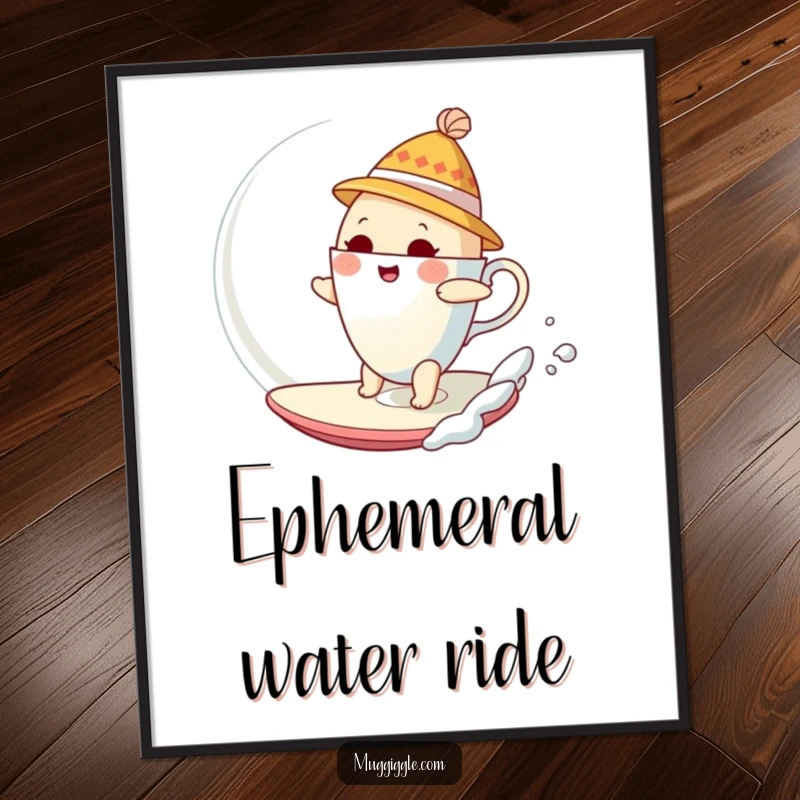 Funny Digital Art Print of a bewildered teacup in a hat humorously surfing a giant bubble, creating a surreal vibe.