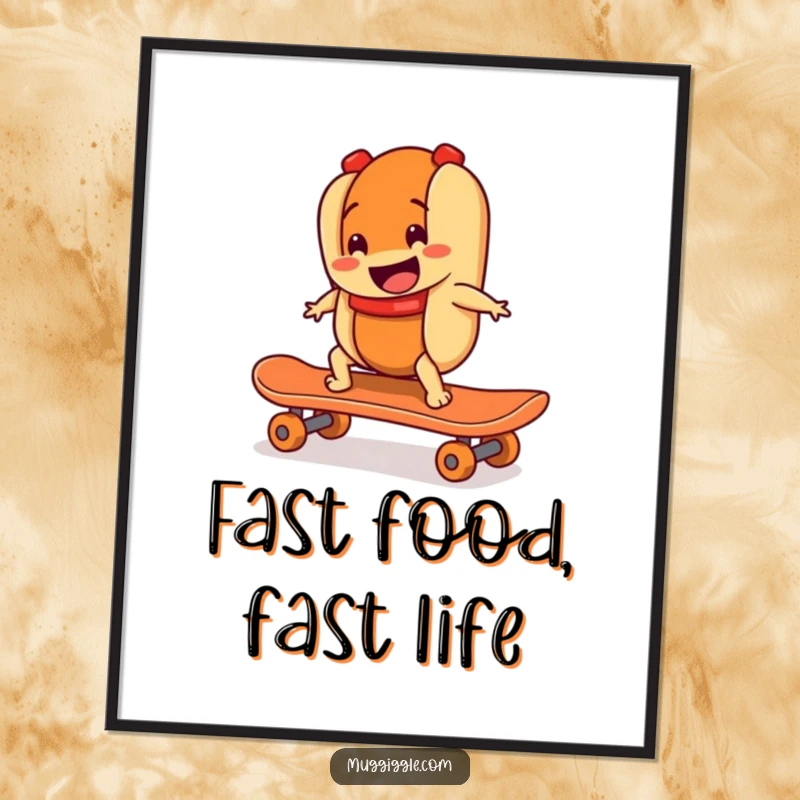 Funny digital art print of a smiling hot dog character riding a runaway skateboard, ideal for humorous art collectors and dynamic decor.