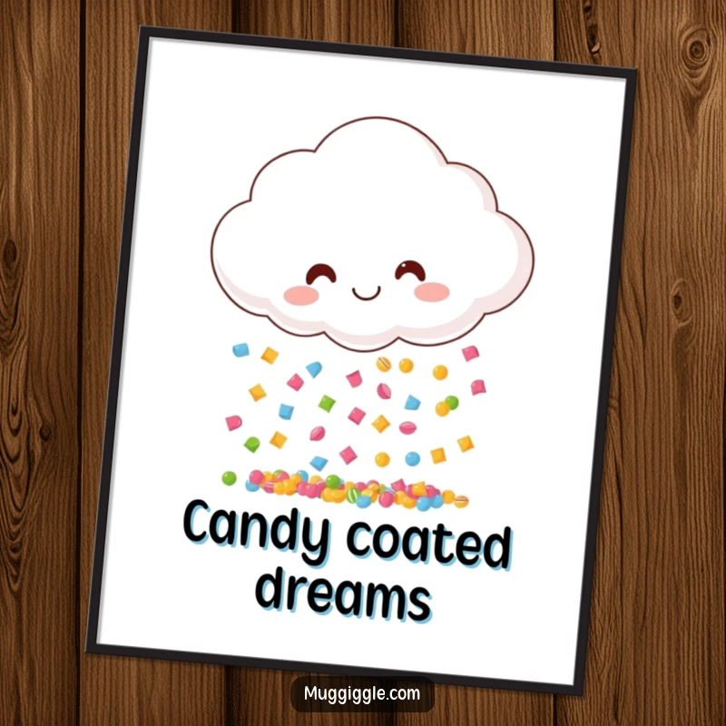 Funny digital art print of a smiling cloud raining tiny, multicolored candy pieces, creating a whimsical and delightful visual.