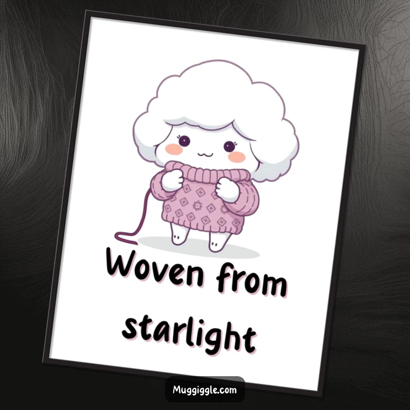 Funny Digital Art Print of a fluffy cloud knitting a sweater for a tiny planet, offering heartwarming eco-humor and wall decor.