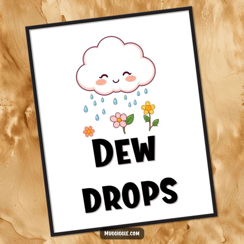 Funny cloud character digital art print, raining happy drops on a flower, creating a cheerful scene.