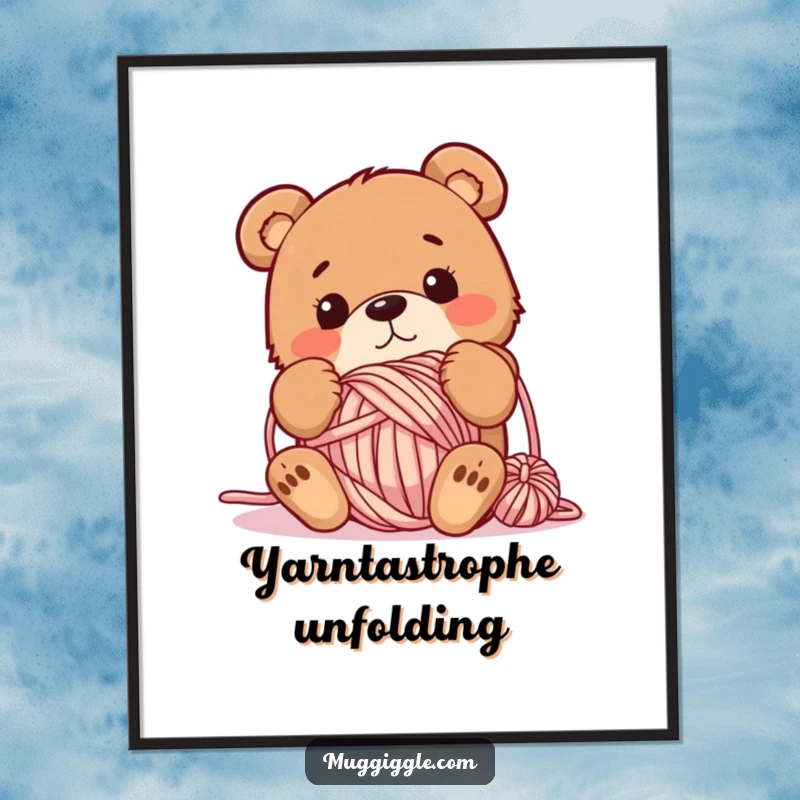 Funny digital art print of a bewildered bear tangled in a ball of yarn, ideal for whimsical and humorous home decor.