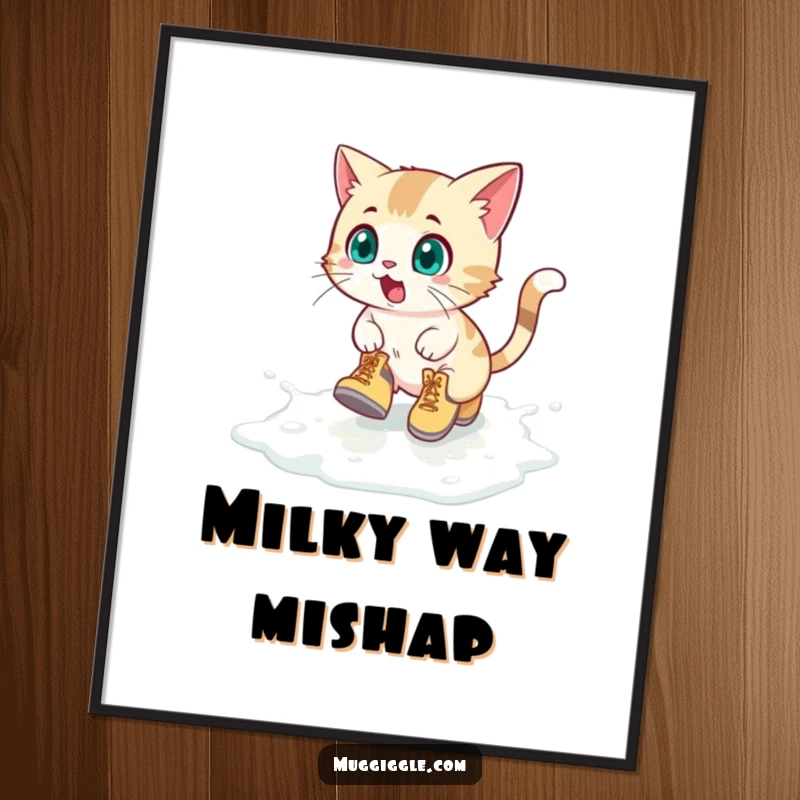 Funny Digital Art Print: Surprised cat in tiny boots sliding on spilled milk, a whimsical and humorous piece.