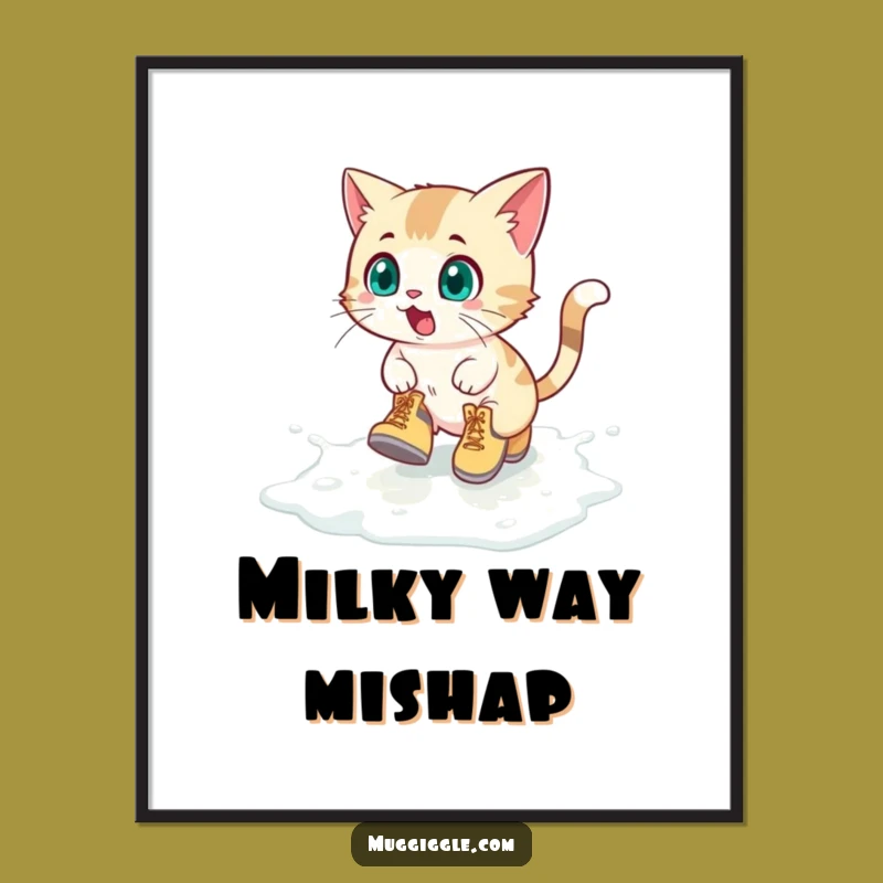 Funny Digital Print: Hilarious Boots Kitty Milk Spill Art for Whimsical Walls