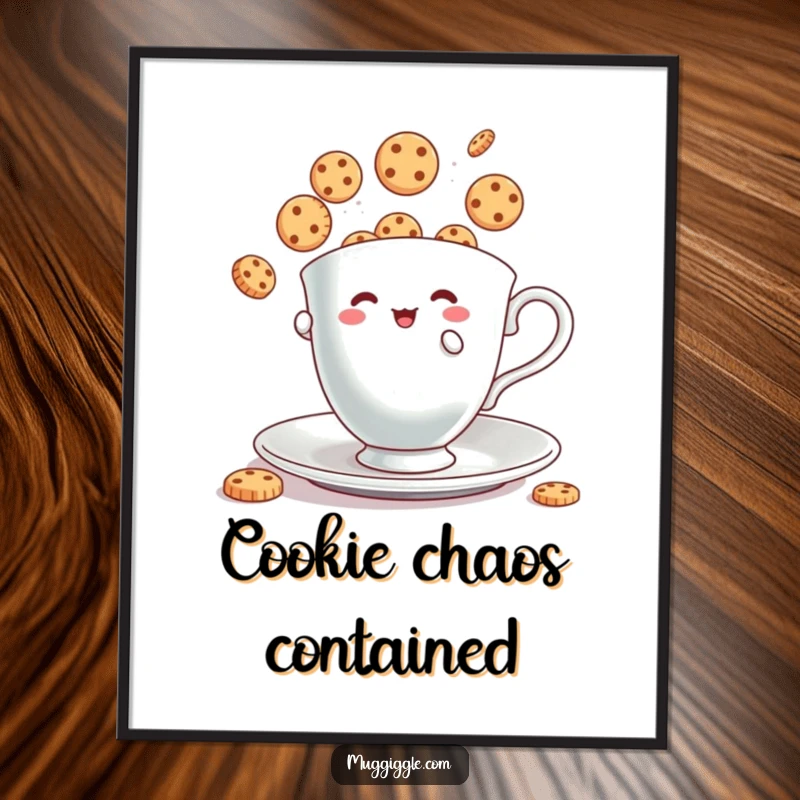 Funny Digital Art Print: Tiny teacup character juggling bouncing cookies, whimsical and humorous wall art.