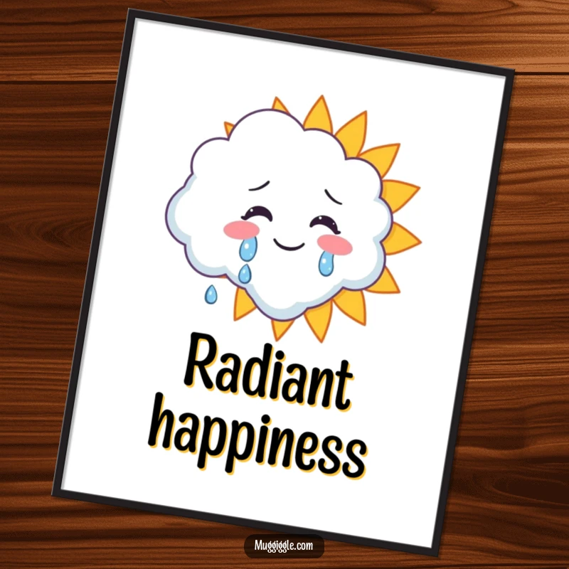 Funny digital art print of a cloud character shedding happy tears onto a beaming sun, capturing pure emotional delight.