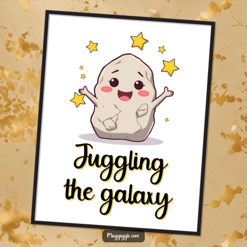 Funny smiling rock character joyfully juggling tiny stars, a digital art print for humorous and inspiring decor.