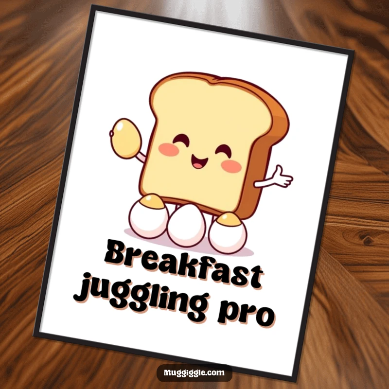 Funny digital art print of a toast character juggling eggs, ideal for whimsical wall decor and adding breakfast humor.
