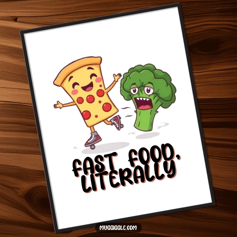 Funny Digital Art Print of a smiling pizza slice on roller skates, zooming past broccoli, offering humorous food-themed wall decor.