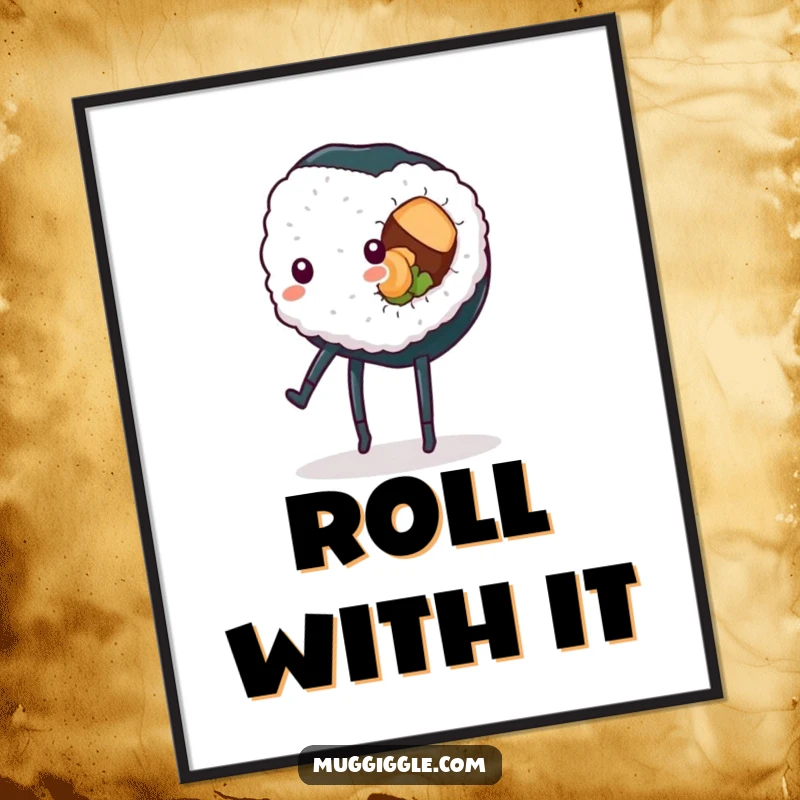 Funny sushi roll digital art print, legs in a dynamic cartwheel pose, high-resolution and humorous for instant wall decor.