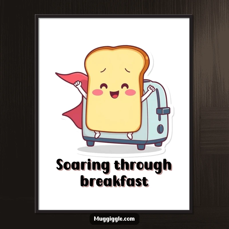 Funny digital art print of a smiling toast character with a cape launching from a toaster, capturing heroic breakfast energy.