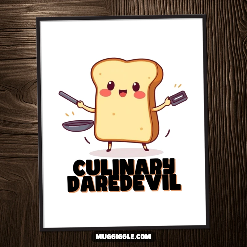 Funny digital art print of a brave piece of toast juggling three frying pans, a uniquely humorous piece of wall art.