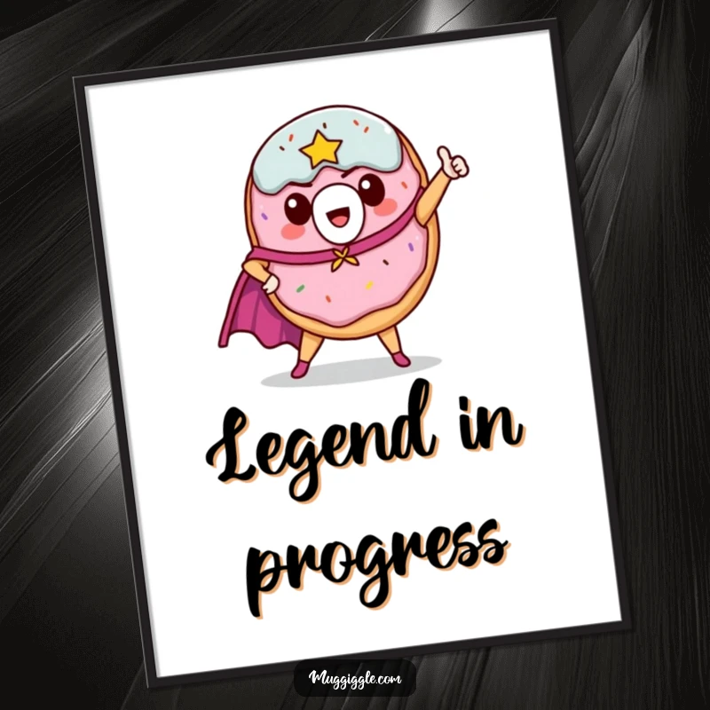 Funny donut hero digital art print, cape flying, in a classic heroic pose, full of personality.