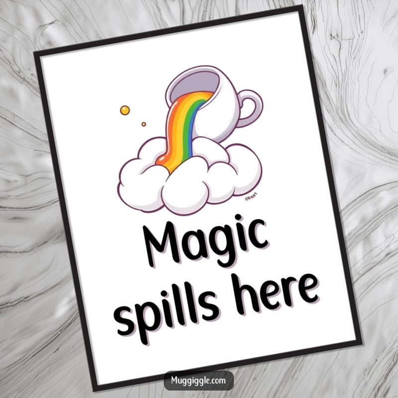 Funny Digital Art Print: A tiny teacup spills a bright rainbow onto a wide-eyed, astonished fluffy cloud, creating whimsical decor.
